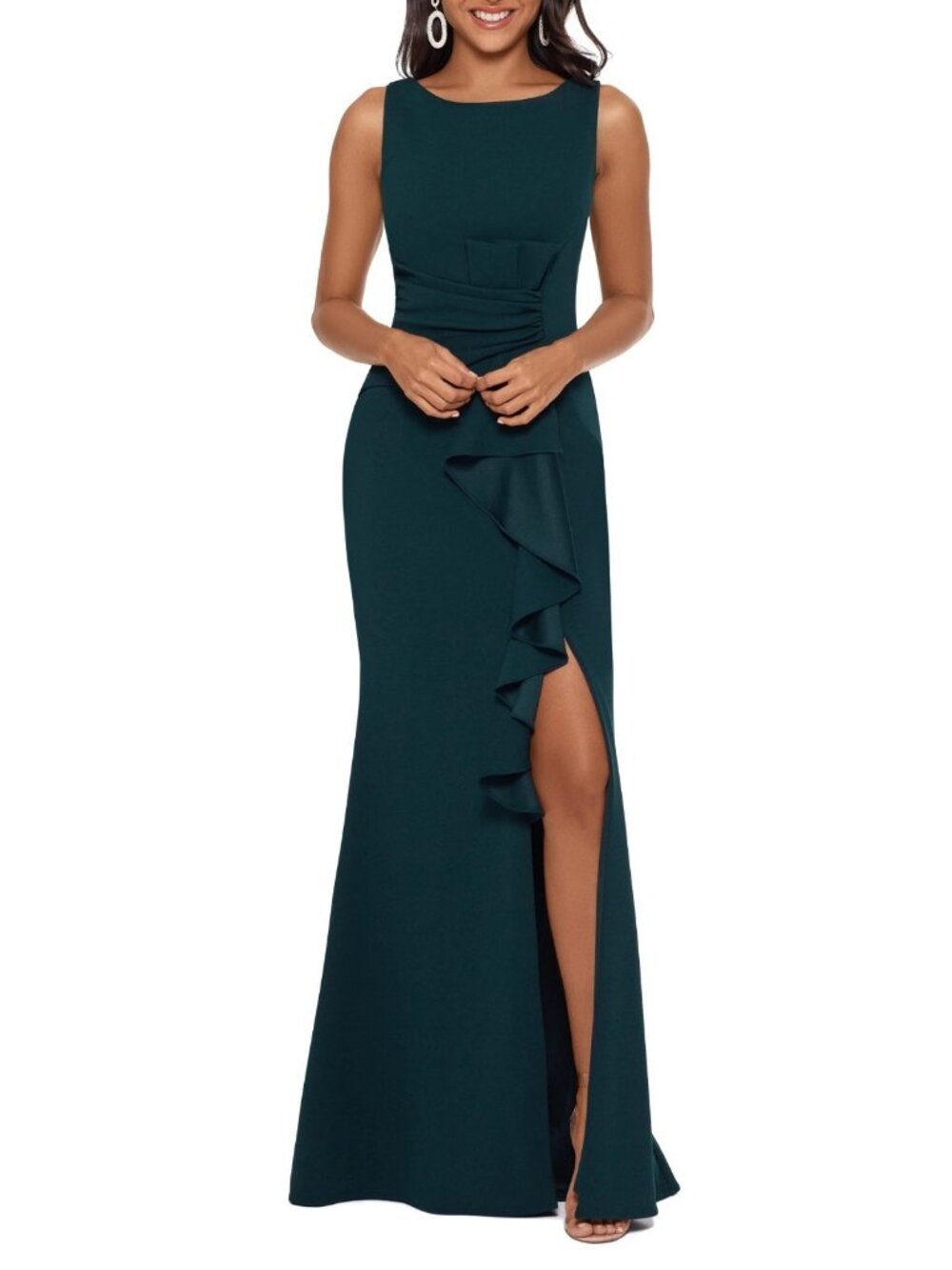 Betsy & Adam Women's Christine Scuba Crepe Ruffled Bow Gown Dress Pine Size 16